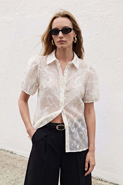 Sateen Embroidered Short Sleeve Shirt - Ecru