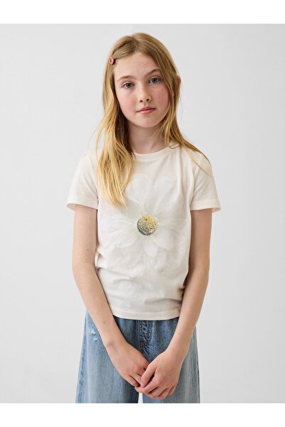 GAP Kız Çocuk Beyaz Grafik Baskılı T-Shirt