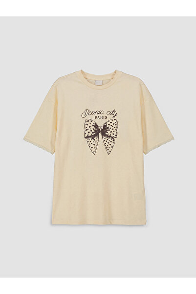 LC Waikiki Original Oval Collar Bowknot Printed Girls' T-Shirt