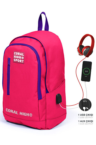 Coral High Sport Neon Mercan Üç Bölmeli Usb Şarjlı Kulaklık Çıkışlı Sırt Çant...