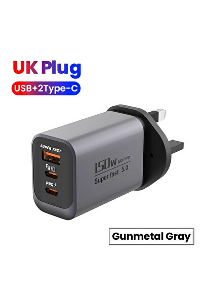 Choice4 UK Grey USB 150W Charger 3 Ports Type C Fast Charging Mobile Phone Ch...