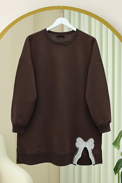 HİJABAYA Round Neck Skirt with Bow Detail, Loose Combed Cotton Tunic - Brown