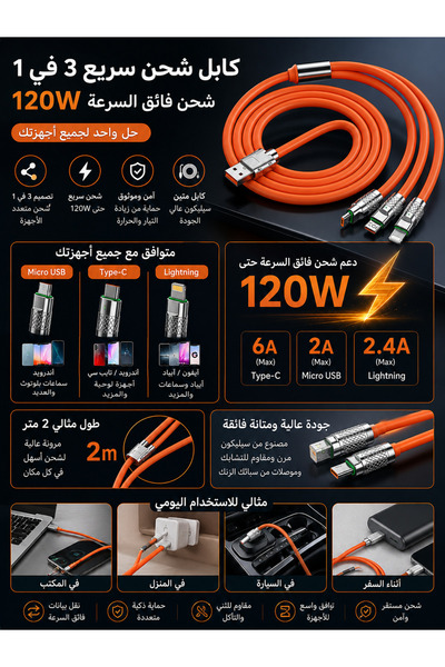 Generica 3-in-1 Fast Charging Cable (120W) - Type-C, Micro, and Ios Connector...