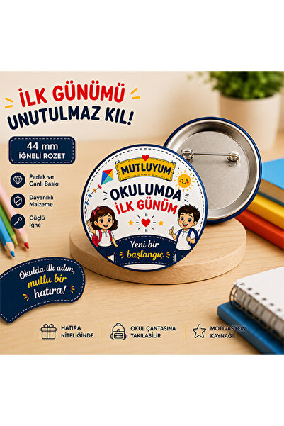 10 Adet - 44 mm İğneli Yaka Rozeti - Mutluyum Okulumda İlk Günüm | Okul İlk Gün Hatıra Rozeti | Anaokulu - 1. Sınıf Rozeti