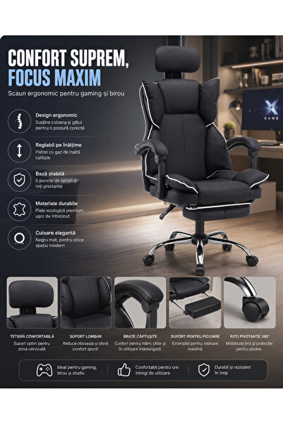 OEM Scaun de birou reglabil cu spătar și tetieră ergonomice, negru
