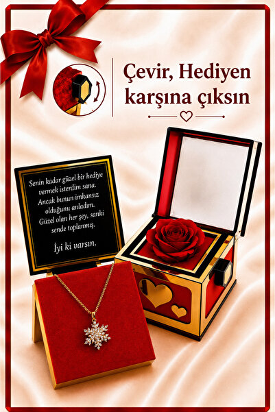 Aroma Hediye 14 Ayar Altın Kaplama Dönen Kar Tanesi Güllü Çevirmeli Dönen Kut...