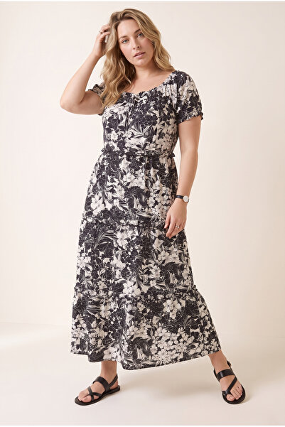 Stil Diva Plus Size Gathered Collar, Elastic Waist, Long Lycra Viscose Dress ...