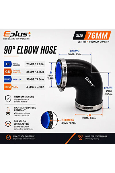 Choice16 76MM EPLUS Black Silicone Tubing 90 Degrees Hose Coupler Universal C...
