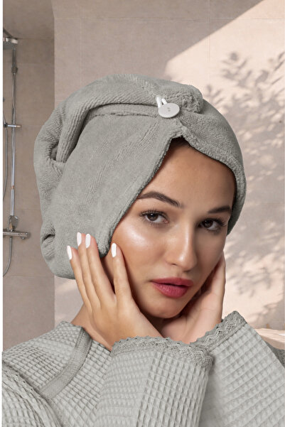 Ellia Soft Camellia %100 Pamuk Saç Kurutma Bonesi Lastikli Ve Düğmeli Havlu Bone