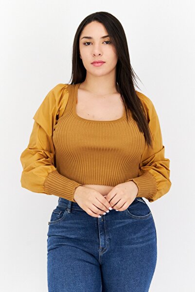 En Saison Women U Neck Long Sleeves Ribbed Top, Tan