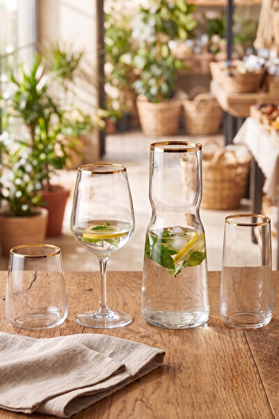 Rakle Avantgarde Gold 13 Piece Water and Soft Drink Glass, Goblet, Carafe Set