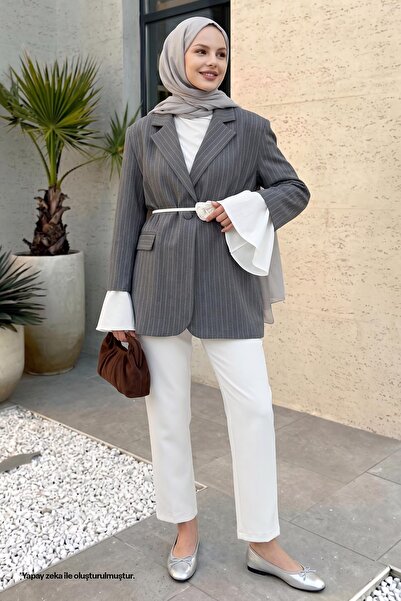 InStyle Çizgili Kolları Volanlı Antrasit Blazer Ceket