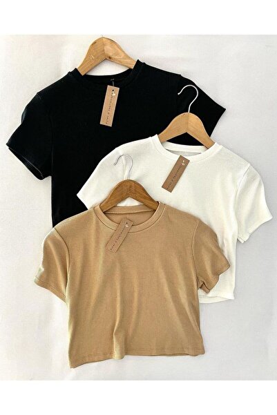 ÖZ PAMUK Women's 3-Pack Corded Fabric 100% Cotton Crew Neck Knit Ribbed Knit ...
