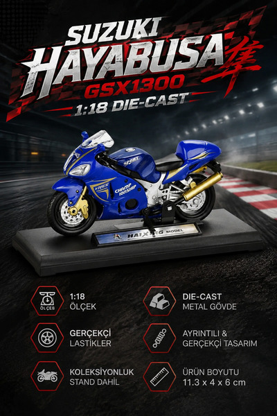 craftivio Suzuki Hayabusa Gsx1300 Die Uyumlu Cast Model Motorsiklet Mavi Stan...