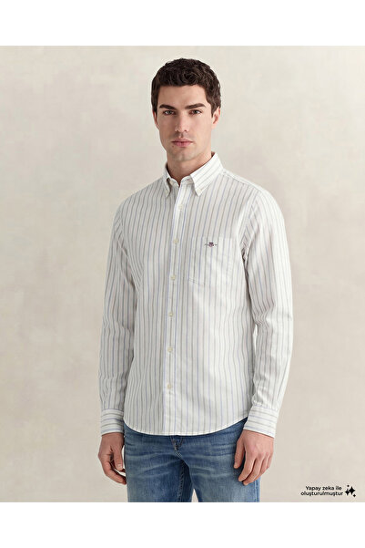 Gant Erkek Beyaz Regular Fit Çizgili Logolu Gömlek