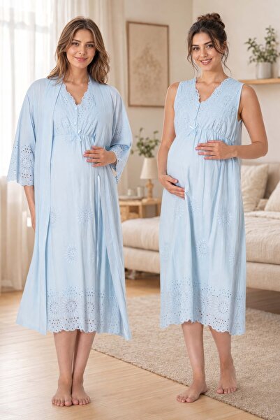 ByLohusa Scalloped Fabric Maternity Nightgown Set with Nursing Features and R...