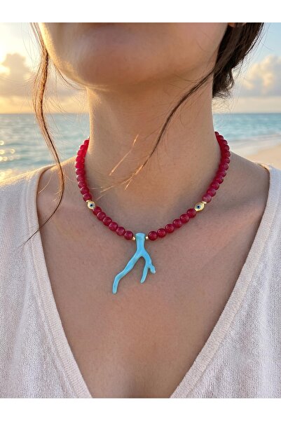 Beykan handmade Red Necklace with Turquoise Coral Fish Figure