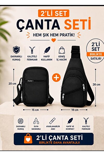 Sofia Set Halinde İkili Askılı Siyah Crossbody bag Bel Çantası