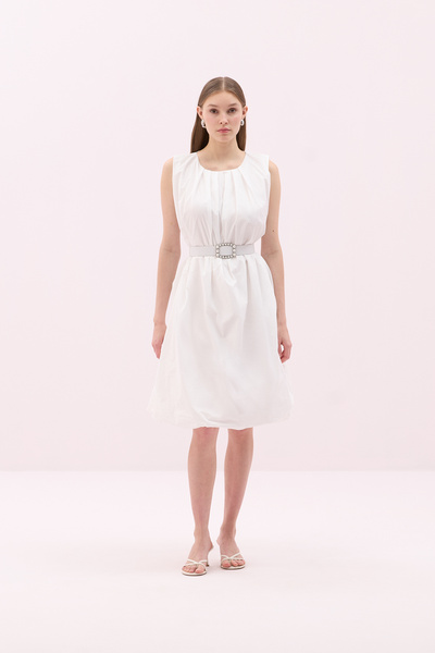 Roman Tafta Beli Kemerli Midi Boy Balon Elbise Beyaz Y2511525_002