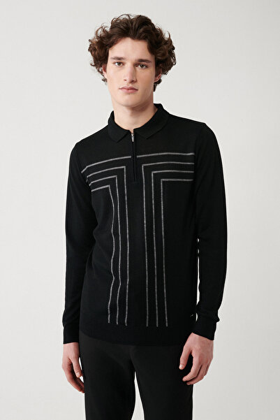 Avva Men's Black Zippered Wool Striped Knitwear Sweater A32Y5094
