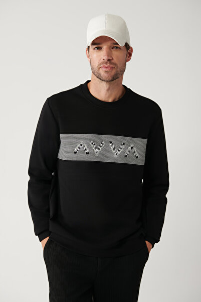 Avva Pánská černá mikina s potištěnou tkaninou Crew Neck A32Y1311