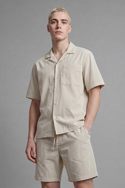 DeFacto 100% Cotton Boxy Fit Apaş Collar Short Sleeve Ecru Shirt H7657Ax26Hs