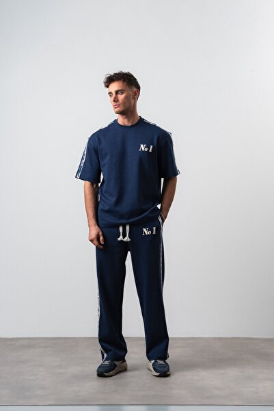 Respire Men's No1 Stripe Detailed Regular Fit T-Shirt Trousers Set Navy Blue
