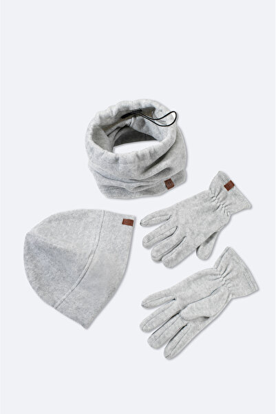 Avva Men's Gray Fleece Basic Neck Collar Beanie and Gloves Set B 009250