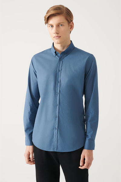 Avva Men's Indigo Buttoned Collar Basic 100% Cotton Shirt B 002030