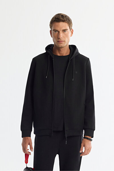 Avva Men's Black Hooded Interlock Fabric Zippered Basic Regular Fit Sweatshir...