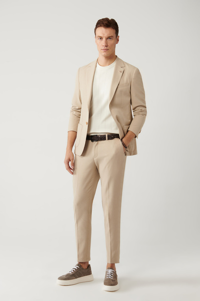 Avva Erkek Bej Beli Lastikli Esnek Kumaşlı Armürlü Slim Fit Pantolon A41Y3200