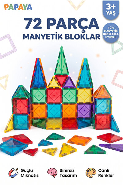 PAPAYA 72 Parça Manyetik Yapı Blokları - Manyetik Blok Oyuncak Mıknatıslı STE...