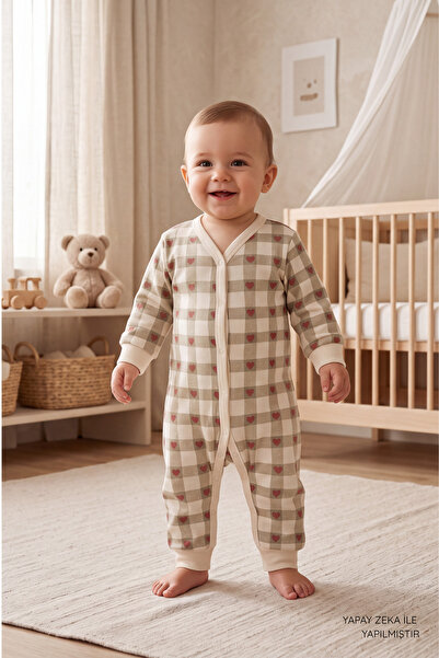 VAUVA Patterned Baby Romper 100% Cotton Long Sleeve Snap Fastener Plaid Patte...