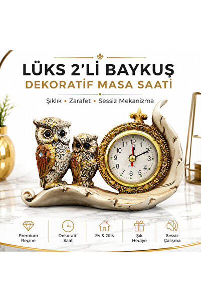 e-life shop Lüks 2'li Baykuş İşlemeli Dekoratif Biblo Masa Saati Ev Ofis Yeni...