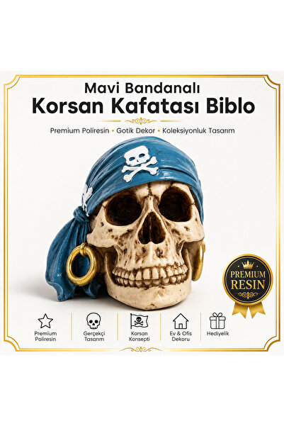 e-life shop Mavi Bandanalı Korsan Kafatası Biblo 15 cm Poliresin Gotik Dekor ...