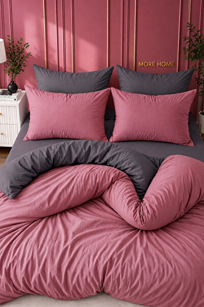MORE HOME Single Duvet Cover Set with Elastic Sheet Anthracite Dried Rose