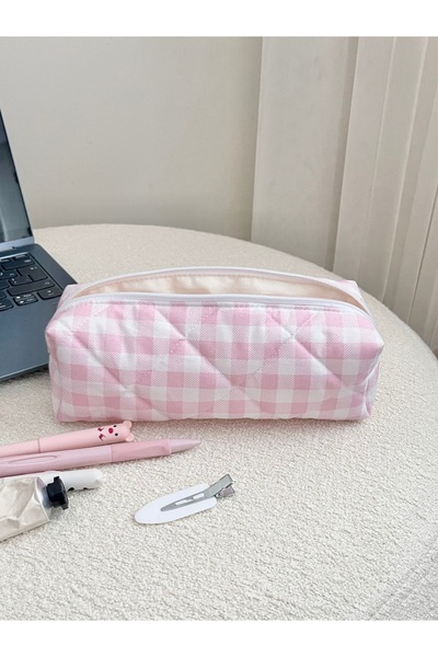 Lulishop Pembe Kareli Kumaş Kapitone Kalemlik – Çok Amaçlı Kumaş Kalem Kutusu...