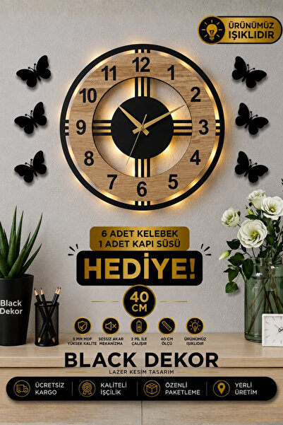 Blackdekor Sonoma Rengi Işıklı 40 Cm Ahşap Duvar Saati | Modern Ve Şık Dekora...