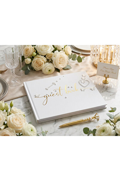 Generic Elegant Wedding Guest Book with Gold Calligraphy, White Pearl Butterf...