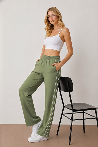 BANEGA Piping Detailed, Elastic Waist, Pocketed, Knitted Wide Leg / Wide Leg ...