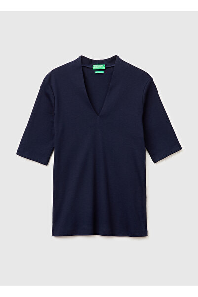United Colors of Benetton Women's Navy Blue 100% Cotton Half Sleeve Deep V-Ne...