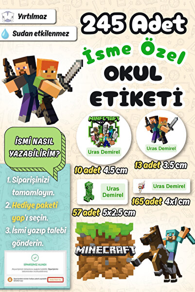 Sticker Ekspres Okul Etiketi Minecraft Kalem Defter Etiketi Özel İsim Yazılab...