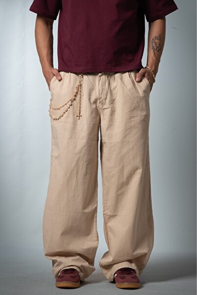 GRJ denim Beige Linen Super Baggy Men's Trousers