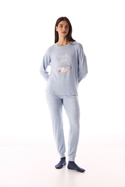 Penti Light Blue Magic Soft Thermal Effect Long Sleeve Pajama Set