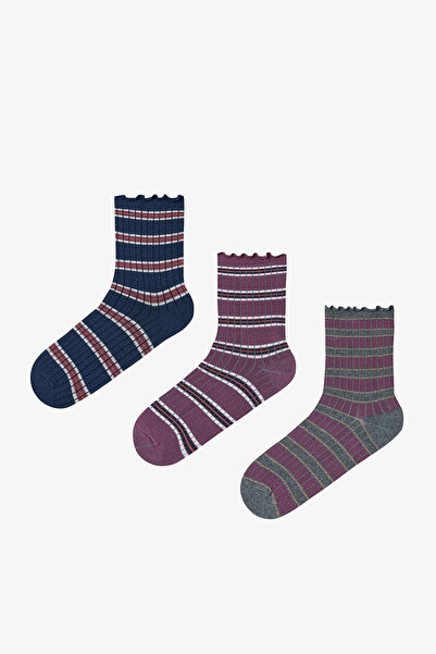Penti Kahve Lacivert Ruffled Stripe 3lü Soket Çorap