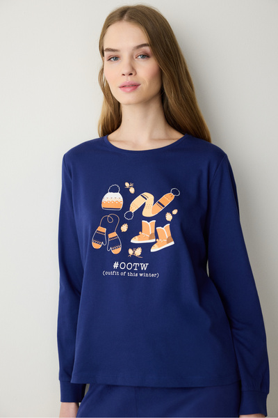Penti Winter Day Navy Blue Sweatshirt Pajama Top