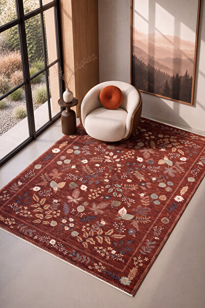 Cool Halı Flower Çiçekli Kiremit Rengi Halı Vintage Desenli Dekoratif Terraco...