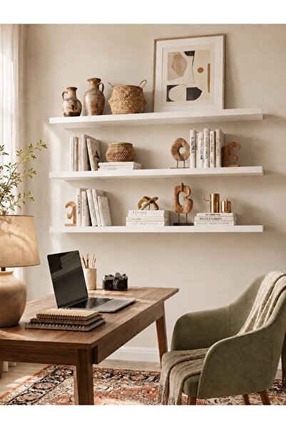 Free Home Premium MDF Ürün Gizli Montajlı Uçan Raf 100x15 - 3 Adet Kitaplık M...