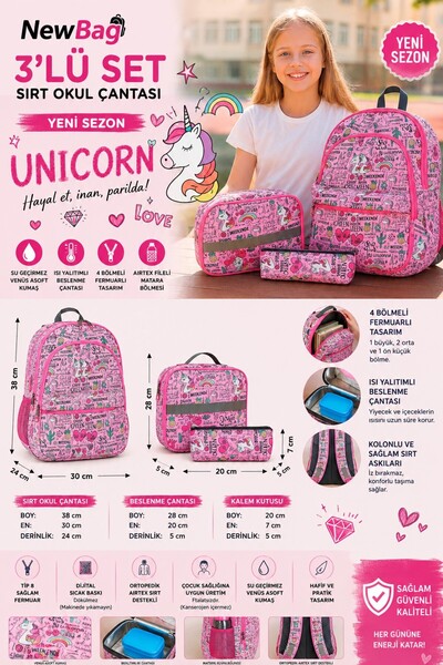 NewBag Rucsac pentru fete cu model unicorn - Set de 3, sezon nou