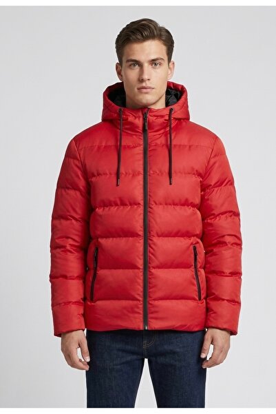 river green Men's Dark Red Lined Water and Windproof Hooded Winter Puffer Spo...